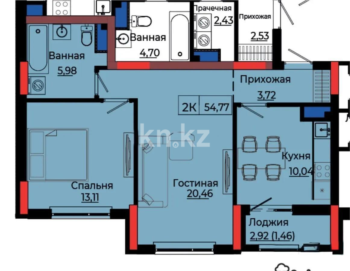 Продажа 2-комнатной квартиры, 55.21 м² в Астане