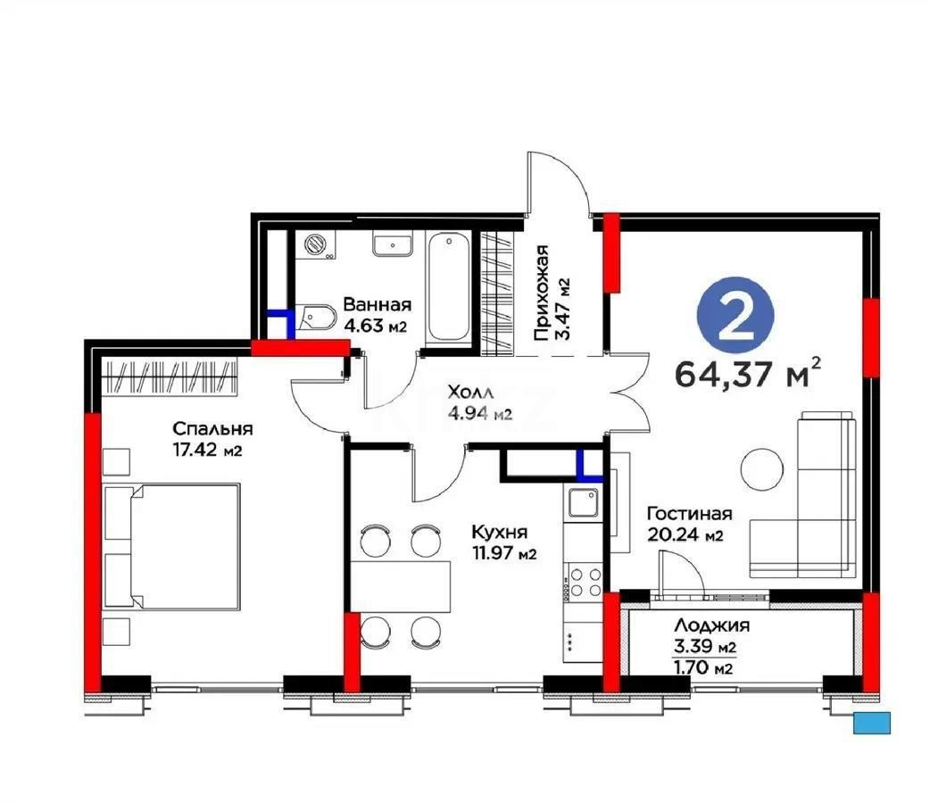 Продажа 2-комнатной квартиры, 64.37 м², ул. Мухамедханова, дом  6/1 стр - Продажа квартир в Астане без посредников с фото фото 1 из 1