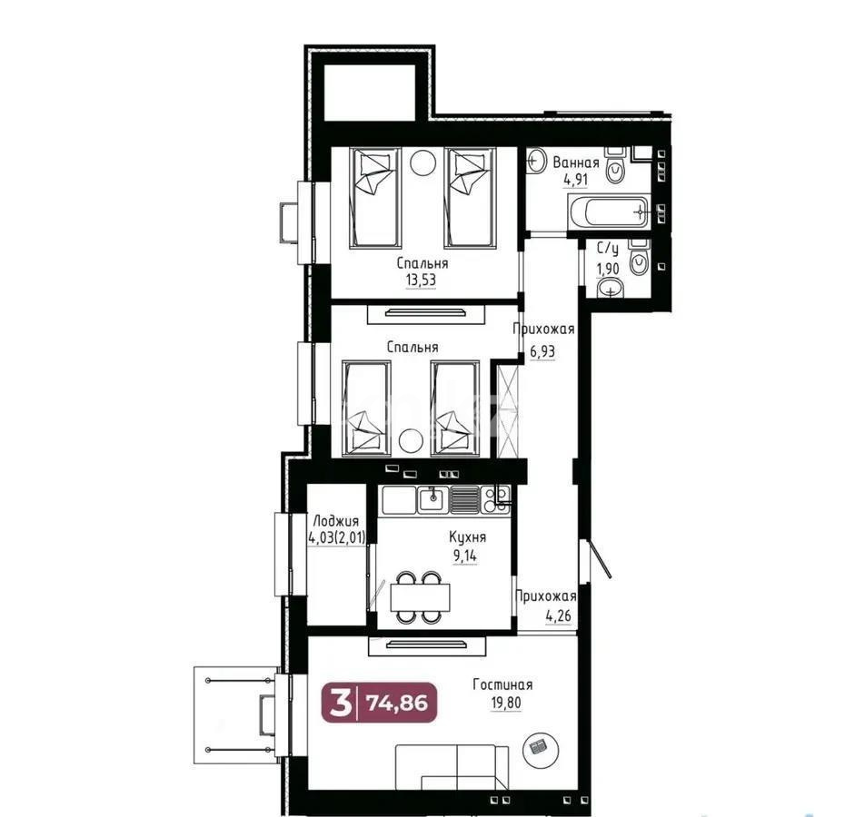 Продажа 3-комнатной квартиры, 75.6 м² в Астане