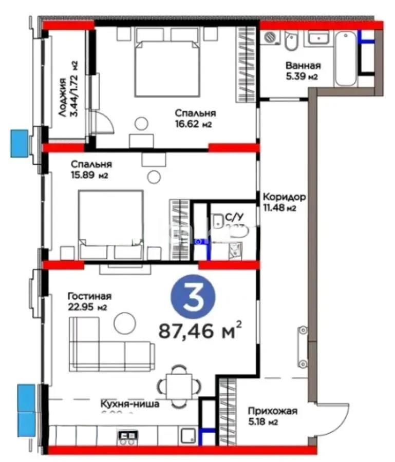 Продажа 3-комнатной квартиры, 87.46 м², ул. Бухар жырау, дом  26 стр - Продажа квартир в новостройках Астаны без посредников с фото фото 1 из 1