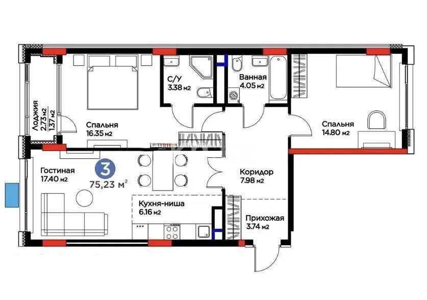 Продажа 3-комнатной квартиры, 75 м² в Астане