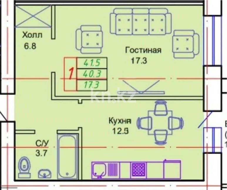 Продажа 1-комнатной квартиры, 41.5 м² в Астане