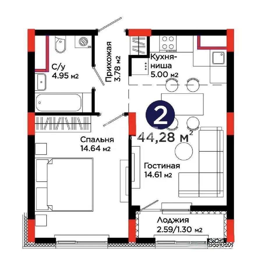 Продажа 2-комнатной квартиры, 44.28 м² в Астане