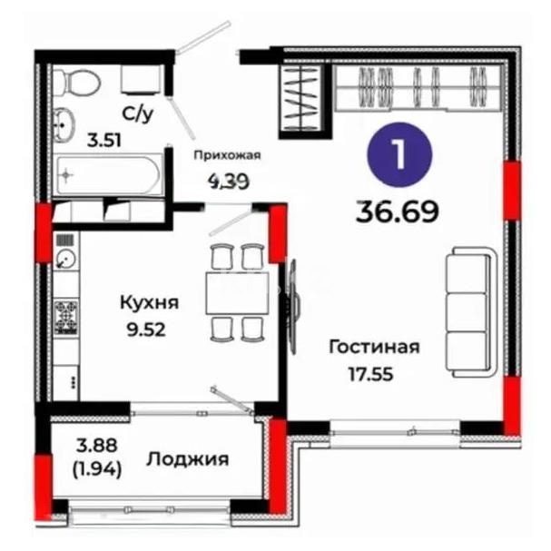 Продажа 1-комнатной квартиры, 37 м² в Астане