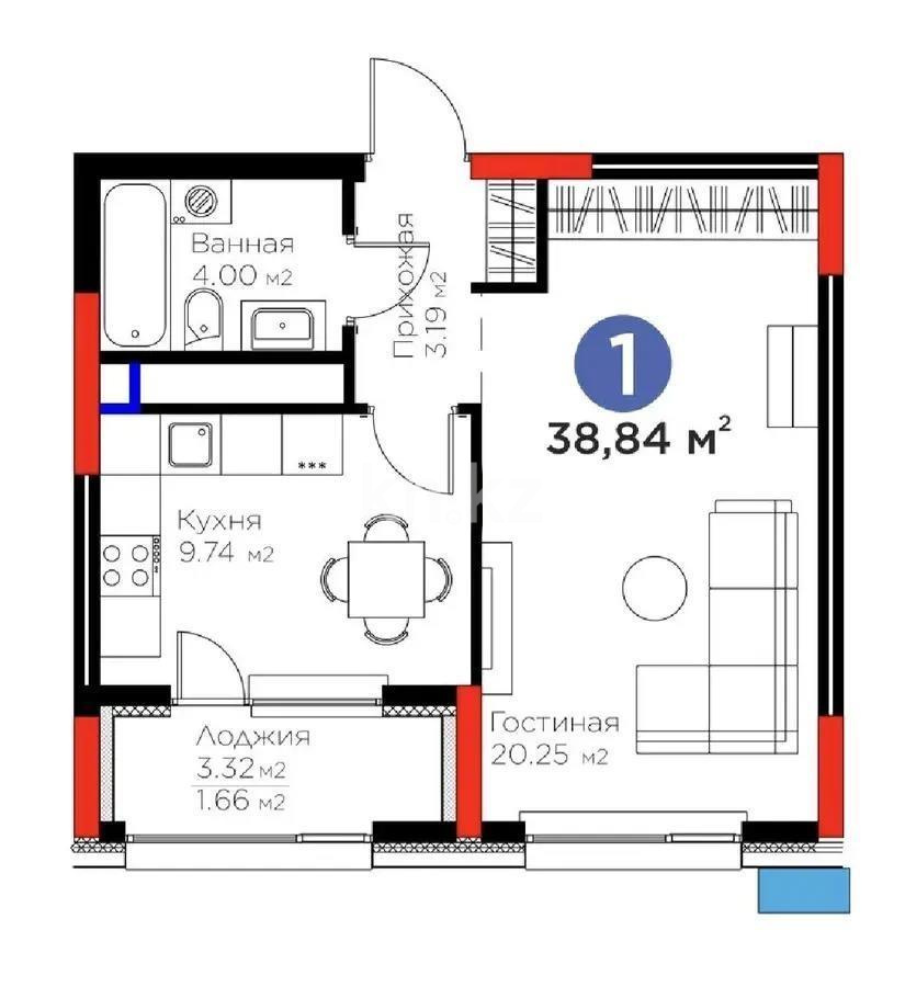 Продажа 1-комнатной квартиры, 38.84 м², пр. Туран, дом  57/1 - Продажа квартир в Астане без посредников фото 1 из 1