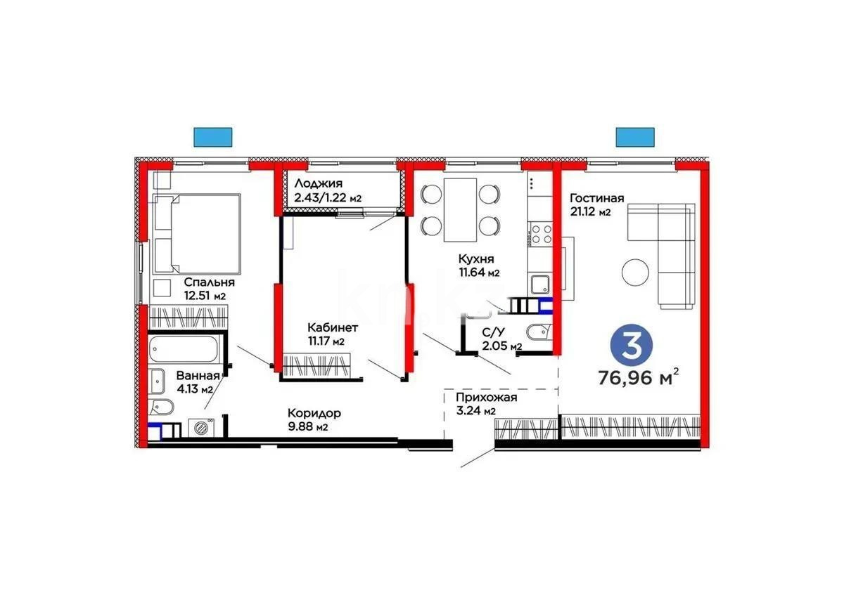 Продажа 3-комнатной квартиры, 76.9 м² - Продажа квартир в монолитно-каркасном доме в Казахстане - страница 23 фото 1 из 1