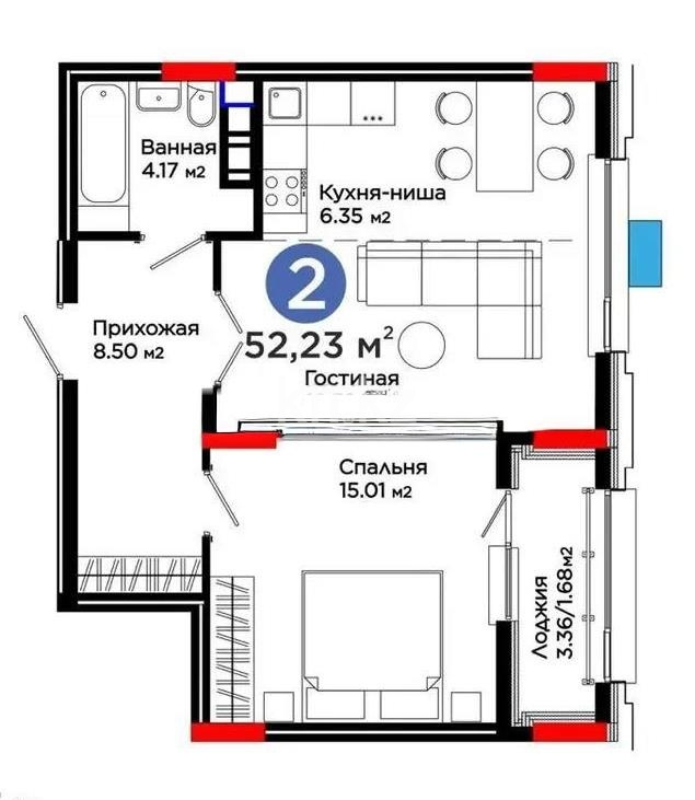 Продажа 2-комнатной квартиры, 51.6 м² в Астане