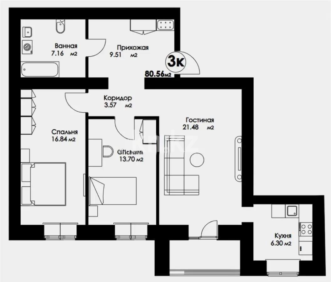 Продажа 3-комнатной квартиры, 80.56 м², ул. Айтматова, дом  45 стр - Продажа  трехкомнатных квартир в новостройках Астаны фото 1 из 1