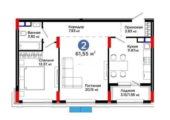 Продажа 2-комнатной квартиры, 61.55 м² в Астане