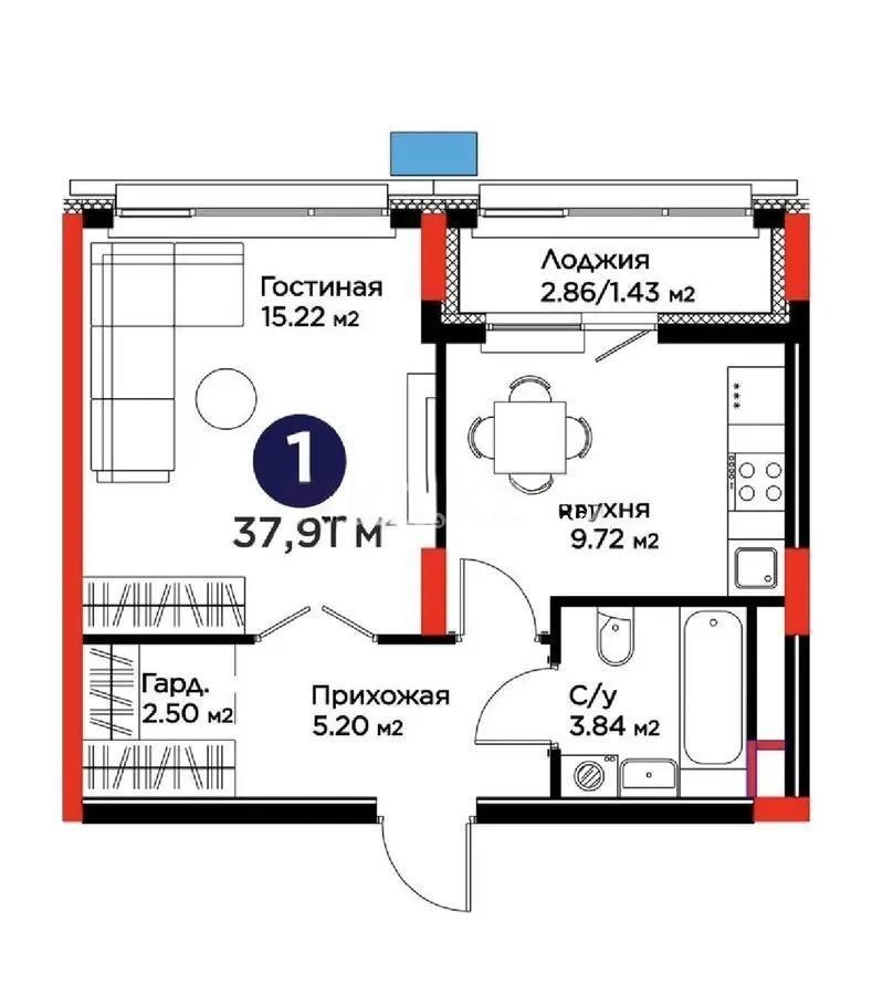 Продажа 1-комнатной квартиры, 37.91 м² в Астане