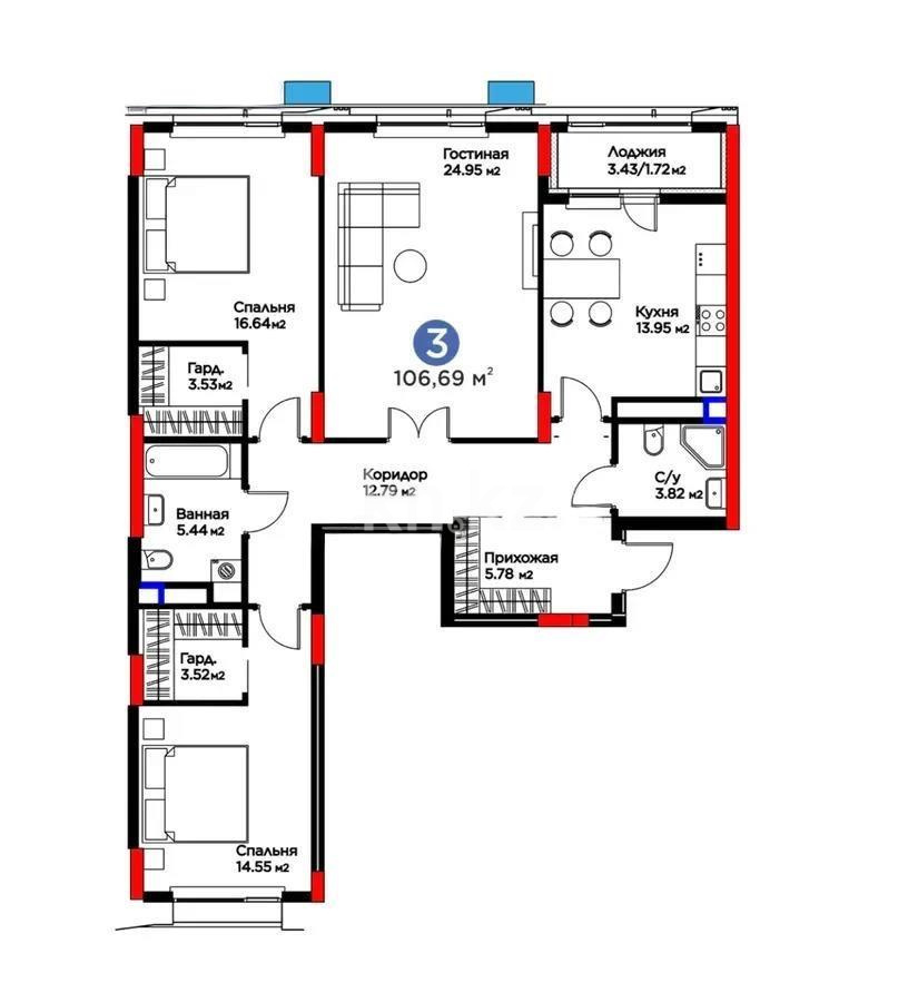 Продажа 3-комнатной квартиры, 106.69 м², ул. Рыскулова, дом  18 в Астане