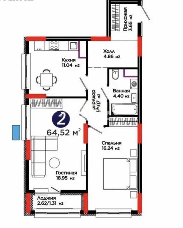 Продажа 2-комнатной квартиры, 64.52 м² в Астане