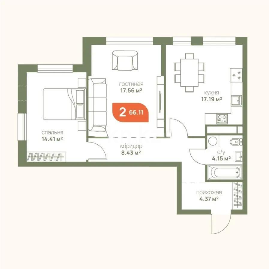 Продажа 2-комнатной квартиры, 66.11 м², пр. Рыскулова, дом  1 стр в Алматы