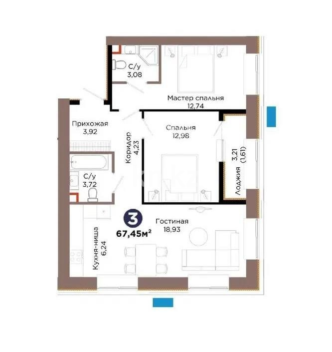 Продажа 3-комнатной квартиры, 67.5 м² - Продажа трехкомнатных квартир в монолитном доме в Астане фото 1 из 1