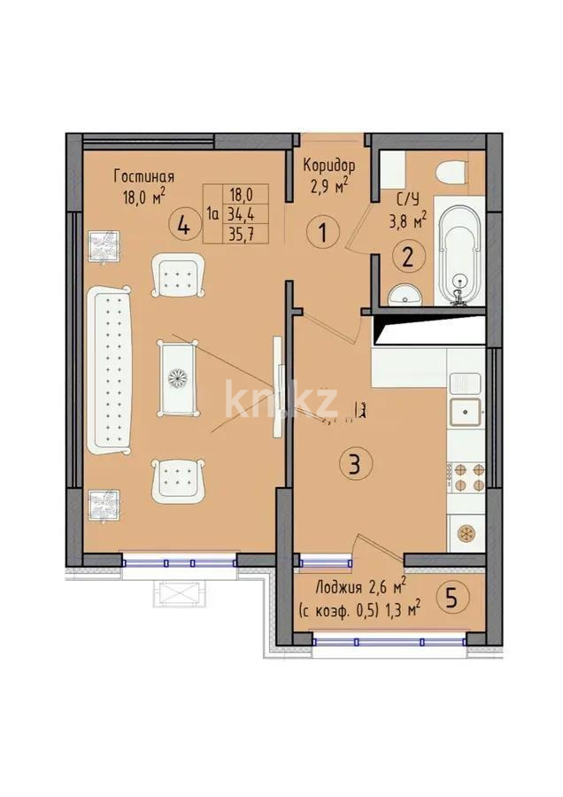 Продажа 1-комнатной квартиры, 35.7 м² в Астане