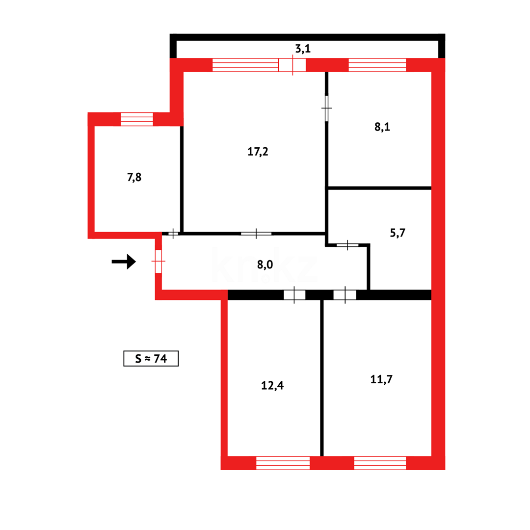Продажа 4-комнатной квартиры, 74 м², ул. Гапеева - Продажа  четырехкомнатных квартир в Караганде фото 7 из 7