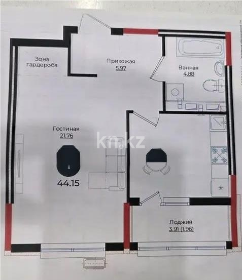 Продажа 1-комнатной квартиры, 44.15 м² в Астане
