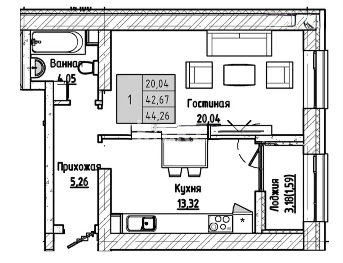 Продажа 1-комнатной квартиры, 44.26 м² - Продажа квартир в кирпичном доме в Казахстане - страница 3 фото 1 из 1
