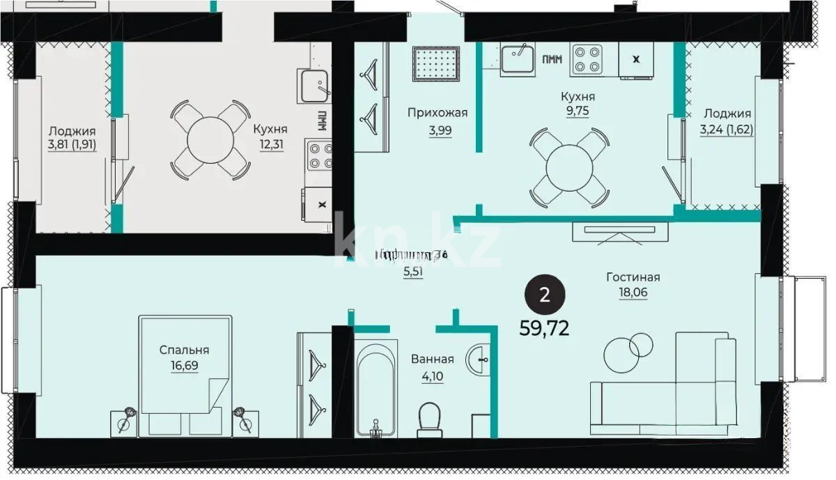 Продажа 2-комнатной квартиры, 59.72 м² - Продажа квартир от собственников в Астане - страница 2 фото 1 из 1