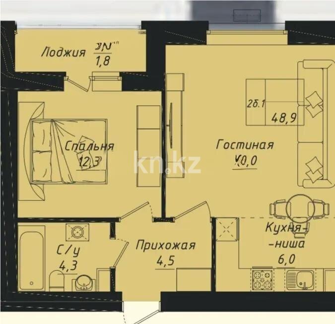 Продажа 2-комнатной квартиры, 48.9 м² в Астане