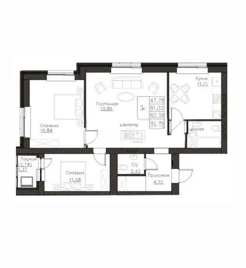 Продажа 3-комнатной квартиры, 83.2 м² в Астане