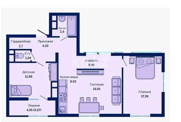 Продажа 3-комнатной квартиры, 74.59 м², пр. Туран, дом  89/3 - Продажа  трехкомнатных квартир в новостройках Астаны фото 1 из 1