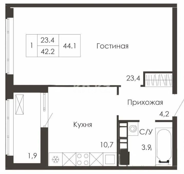 Продажа 1-комнатной квартиры, 44.1 м² в Астане