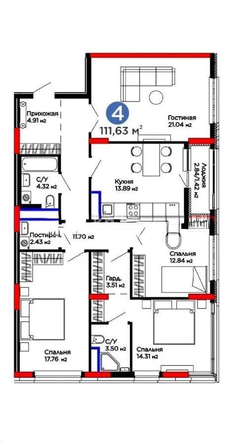 Продажа 4-комнатной квартиры, 111.63 м² - Продажа квартир в блочном доме в Казахстане - страница 2 фото 1 из 1