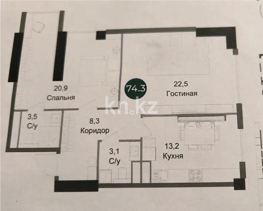 Продажа 2-комнатной квартиры, 74.3 м² в Алматы