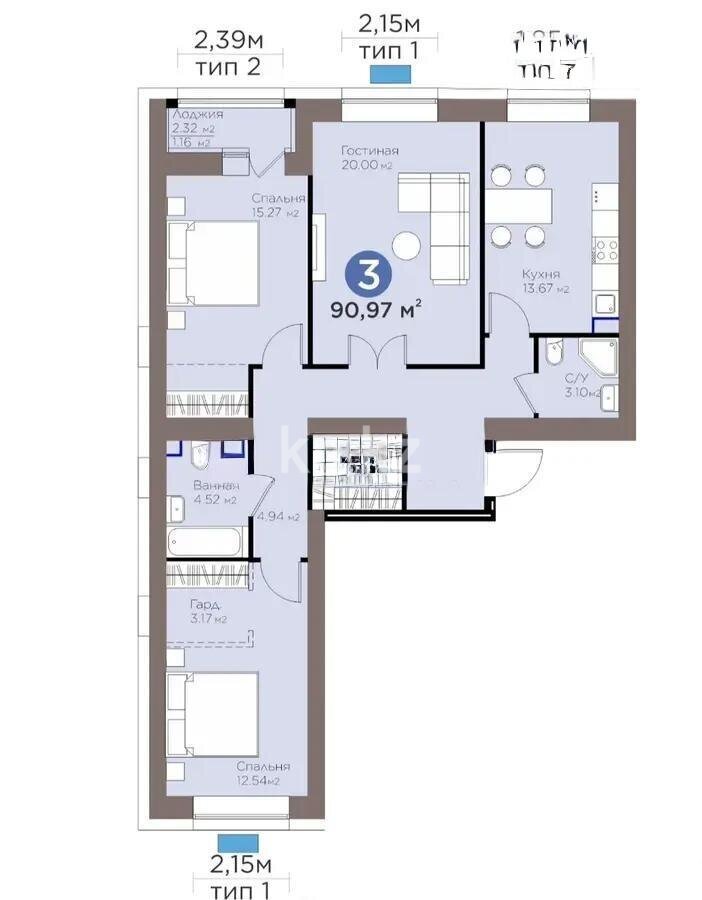 Продажа 3-комнатной квартиры, 92 м² в Астане