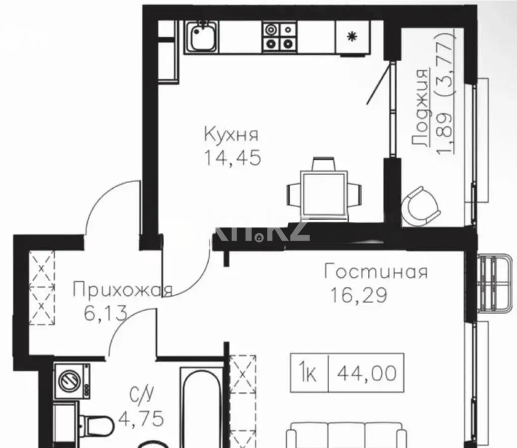 Продажа 1-комнатной квартиры, 44 м², пр. Мангилик Ел, дом  63/1 - Продажа квартир в Астане фото 1 из 1
