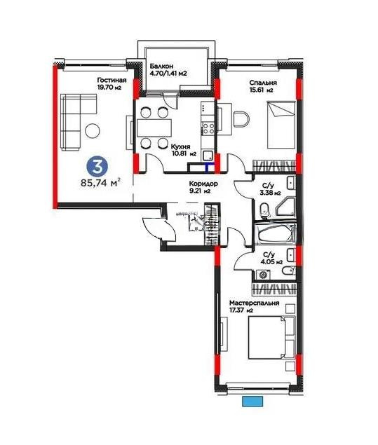 Продажа 3-комнатной квартиры, 85.74 м², ул. Жошы хана, дом  10 в Астане