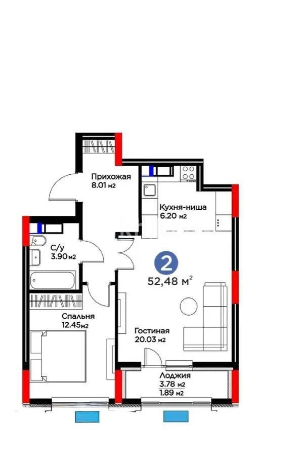 Продажа 2-комнатной квартиры, 52.48 м², ул. Рыскулова, дом  9 стр - Продажа квартир в Казахстане фото 1 из 1