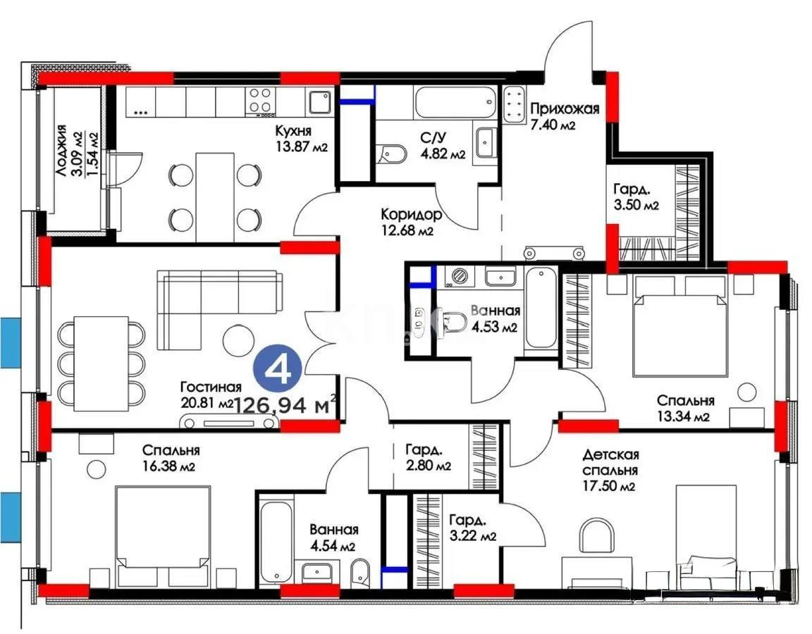 Продажа 4-комнатной квартиры, 126 м², ул. Рыскулова, дом  16 - Продажа квартир в новостройках Астаны без посредников фото 1 из 1