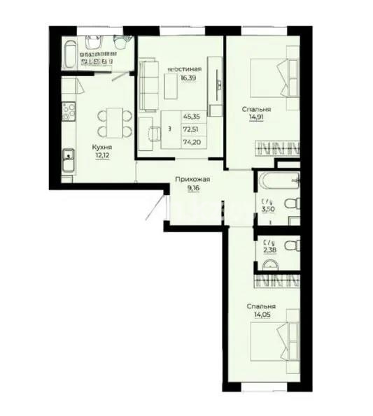 Продажа 3-комнатной квартиры, 73.4 м² в Астане
