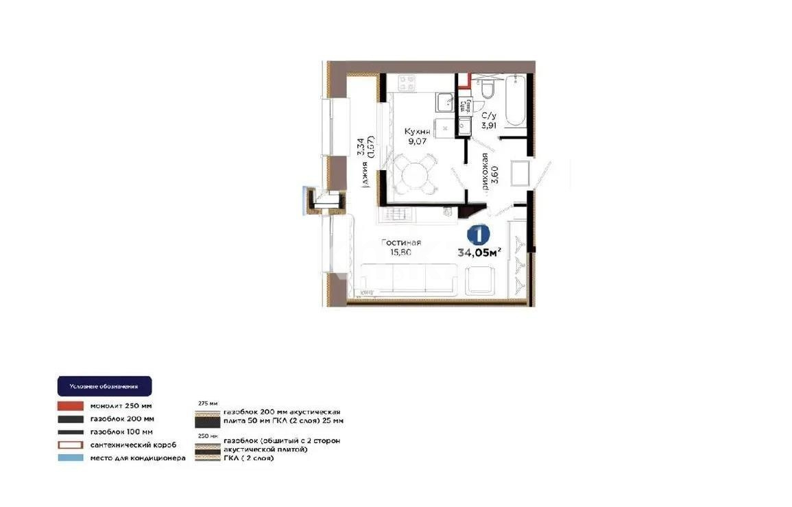 Продажа 1-комнатной квартиры, 34 м² в Астане