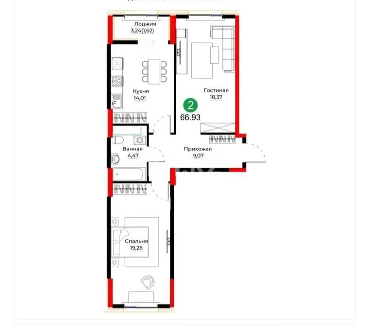 Продажа 2-комнатной квартиры, 68.3 м² в Астане