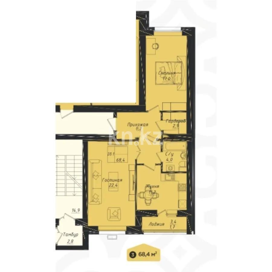 Продажа 2-комнатной квартиры, 68.4 м² в Астане