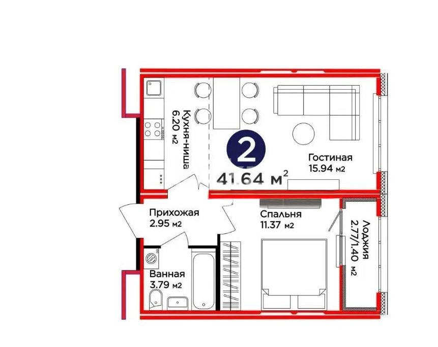 Продажа 2-комнатной квартиры, 41.64 м² в Астане