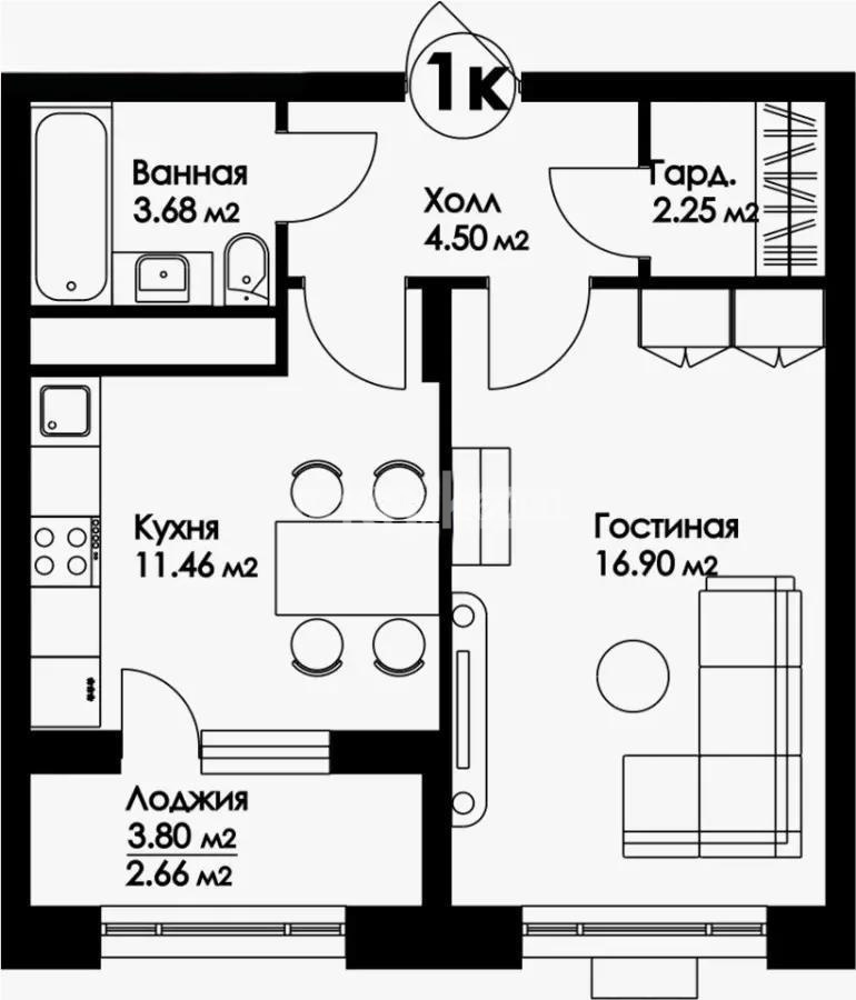 Продажа 1-комнатной квартиры, 41.45 м² в Астане