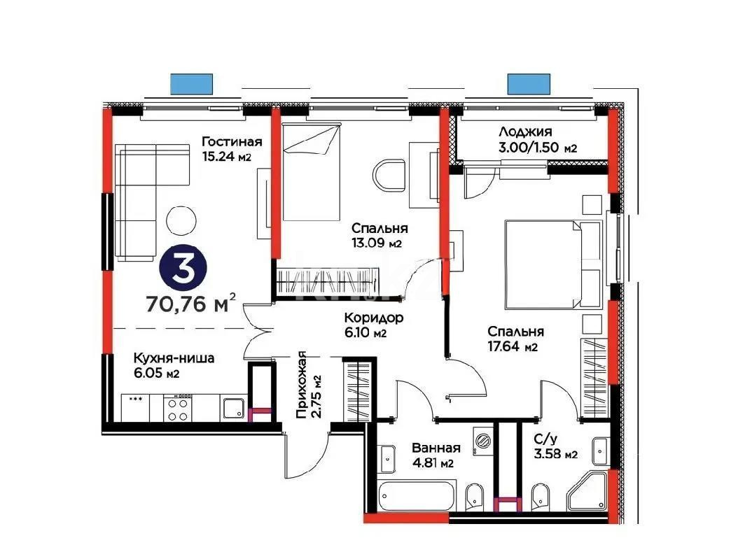 Продажа 3-комнатной квартиры, 70.76 м² - Продажа трехкомнатных квартир от собственников в Казахстане - страница 3 фото 1 из 1