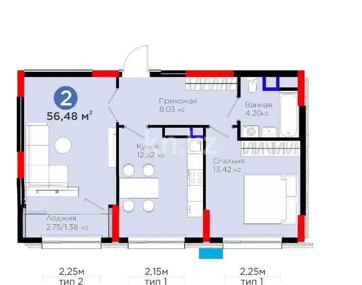 Продажа 2-комнатной квартиры, 58 м² в Астане
