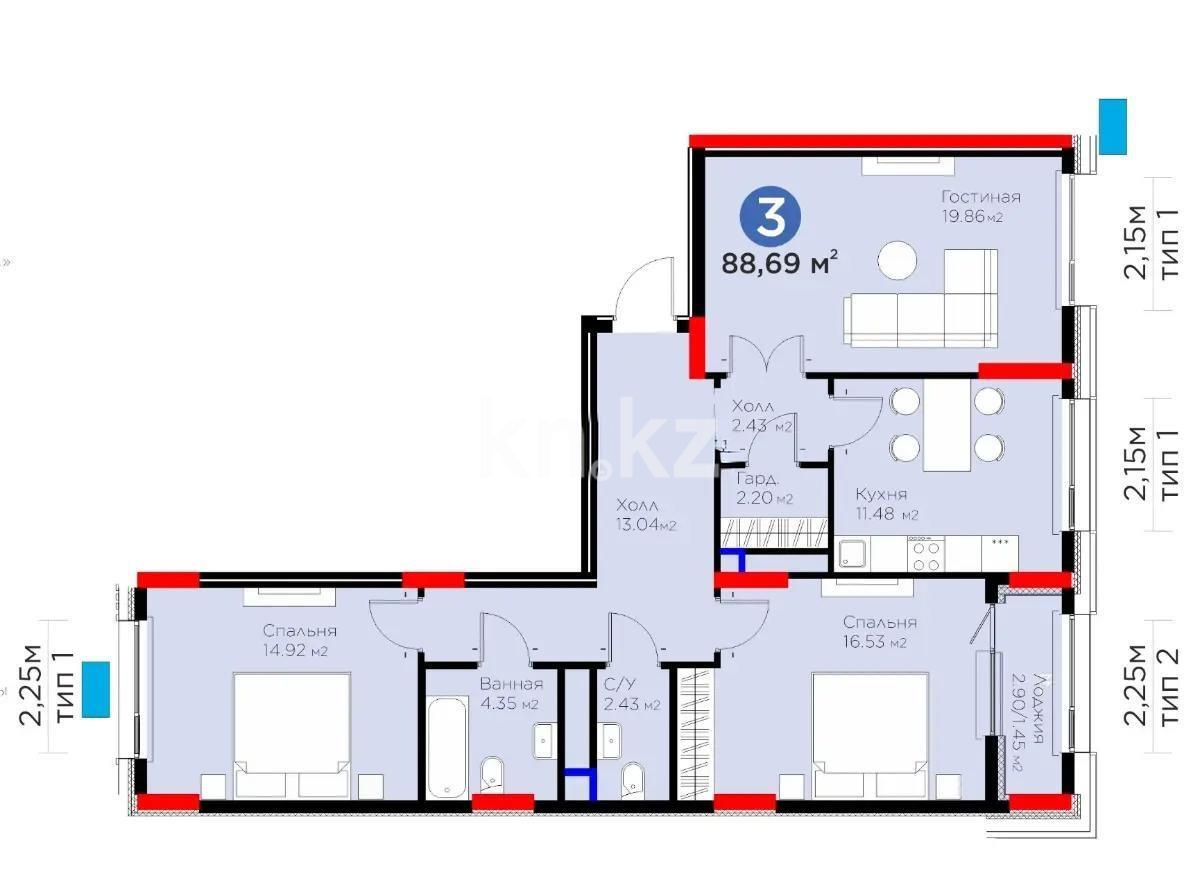Продажа 3-комнатной квартиры, 88.69 м², пр. Туран, дом  57/5 стр - Продажа квартир в Астане без посредников с фото фото 1 из 1