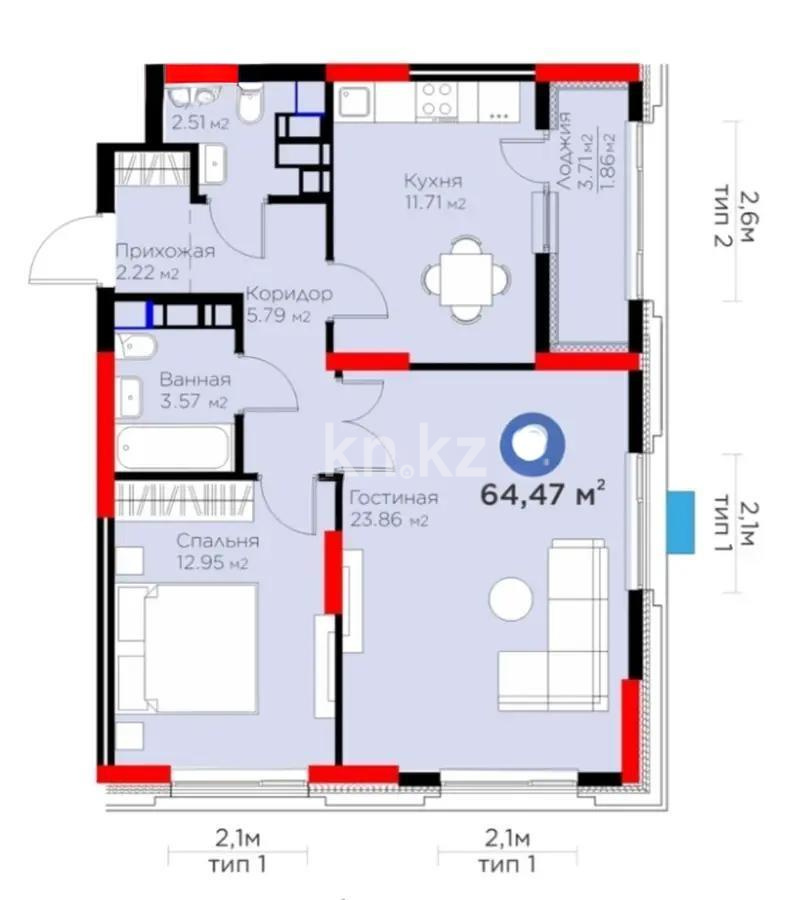 Продажа 2-комнатной квартиры, 64.47 м², ул. Рыскулова, дом  9 стр - Продажа квартир в Астане без посредников фото 1 из 1