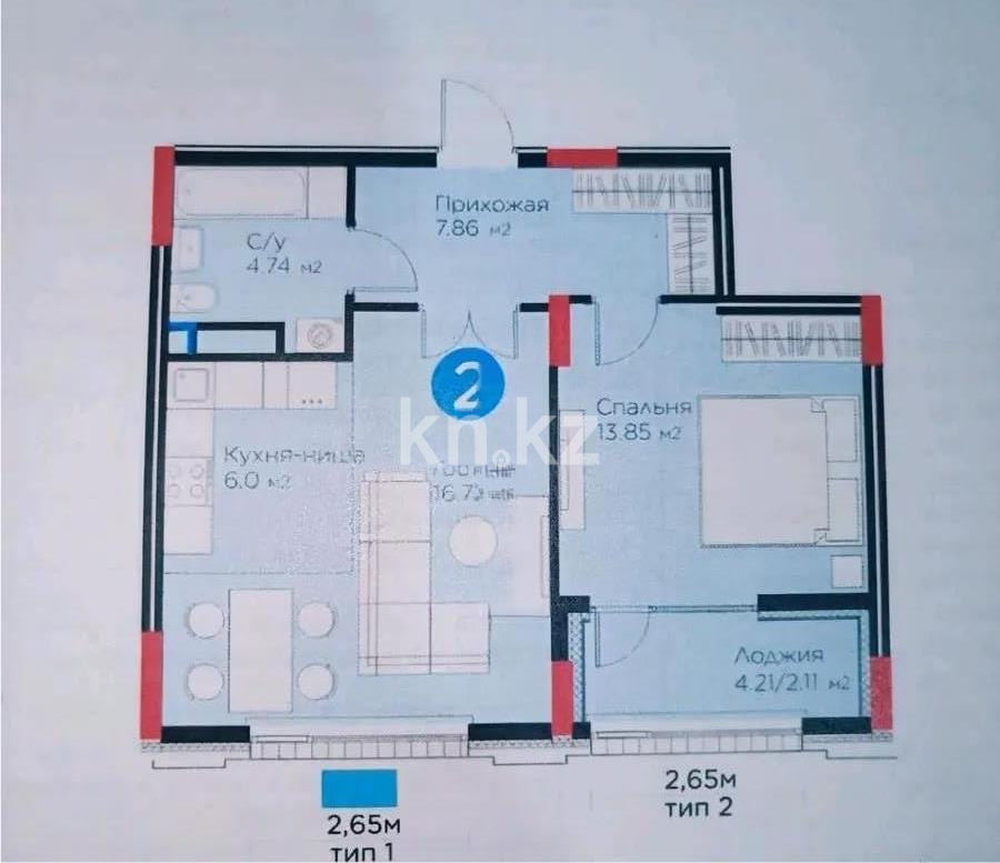 Продажа 2-комнатной квартиры, 51.28 м² в Астане