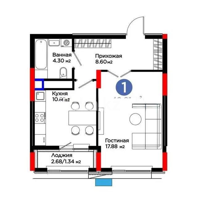 Продажа 1-комнатной квартиры, 42.81 м² в Астане