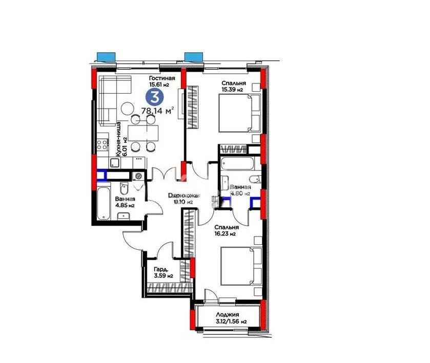 Продажа 3-комнатной квартиры, 78.14 м² в Астане