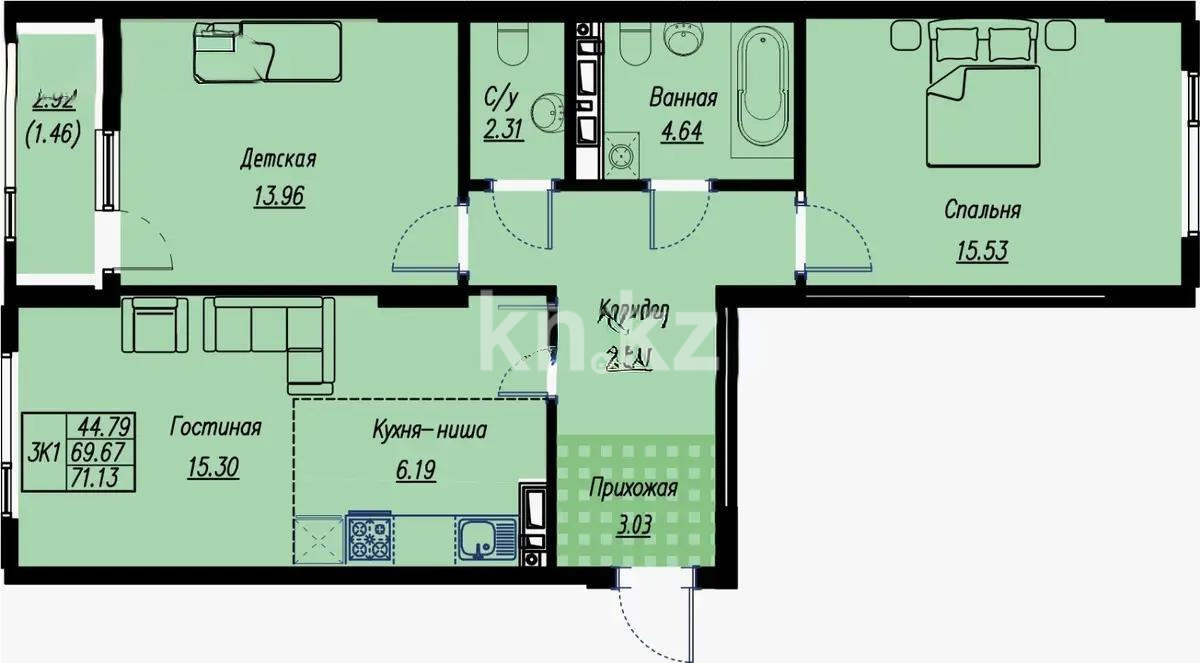Продажа 3-комнатной квартиры, 71.13 м² в Астане - фото 2