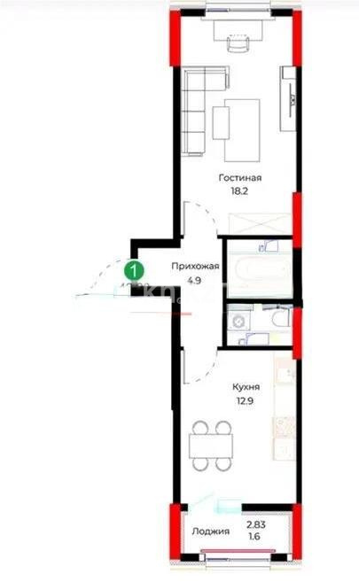 Продажа 1-комнатной квартиры, 42.2 м² в Астане