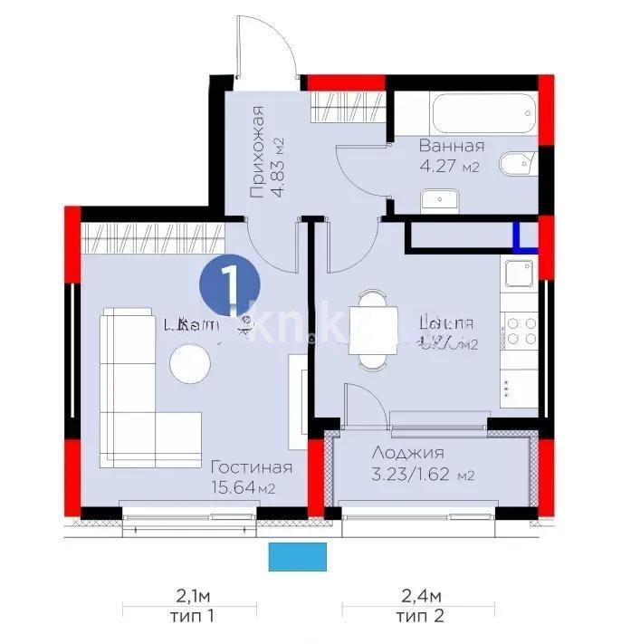 Продажа 1-комнатной квартиры, 35.86 м² в Астане